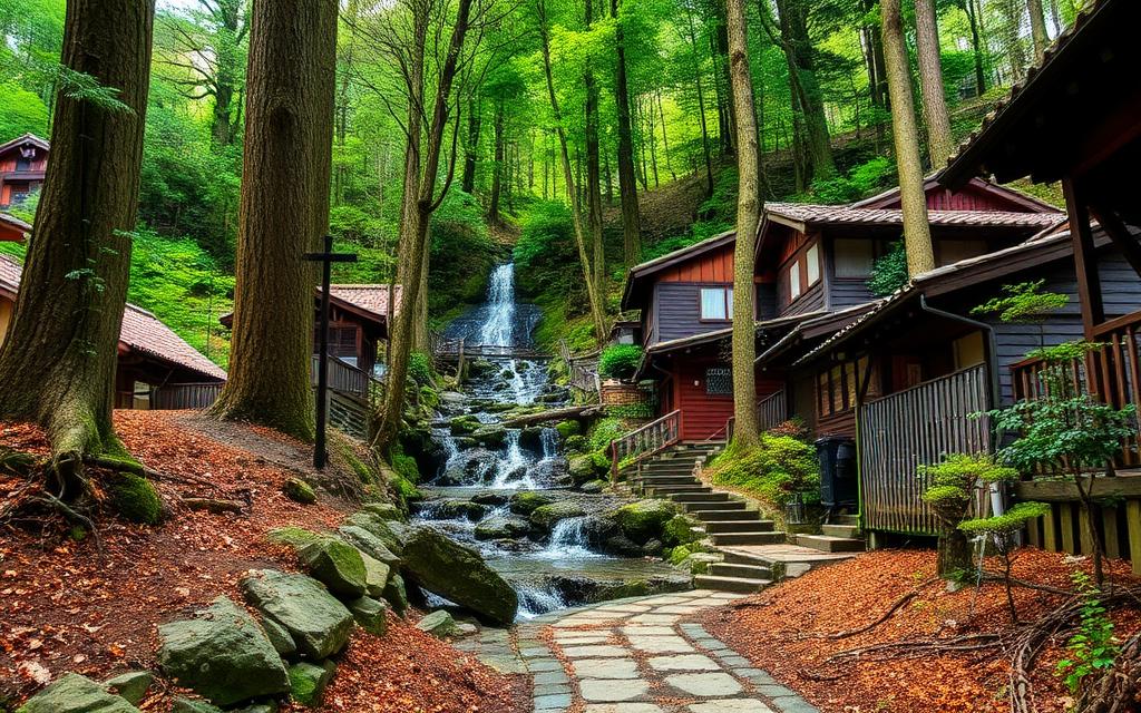 Erdei Nakasendō ösvény vízeséssel Magome és Tsumago között