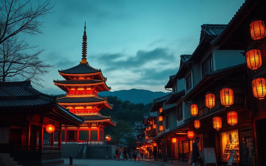 Kiyomizu-dera pagodája és lámpásokkal kivilágított Gion
