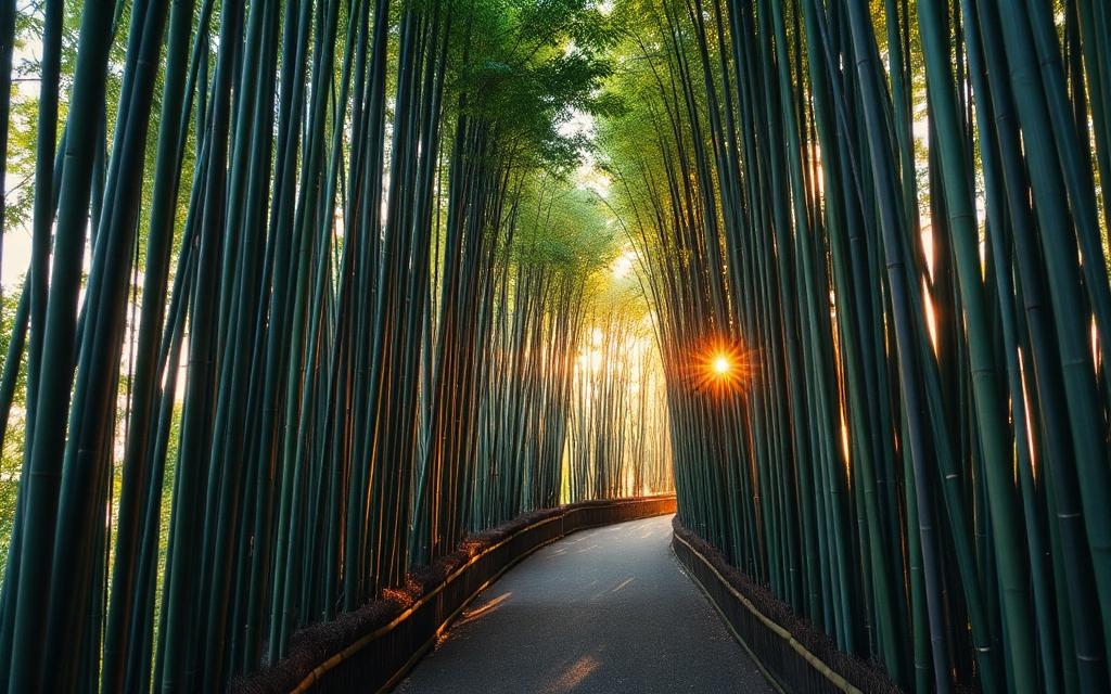 Arashiyama bambuszligete reggeli fényben