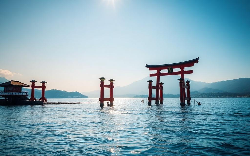Miyajima vízen álló piros torii kapuja