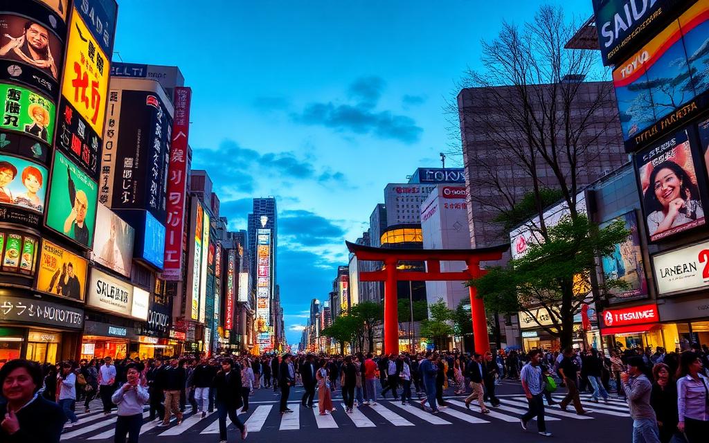 Shibuya Crossing és a Meiji szentély torii kapuja
