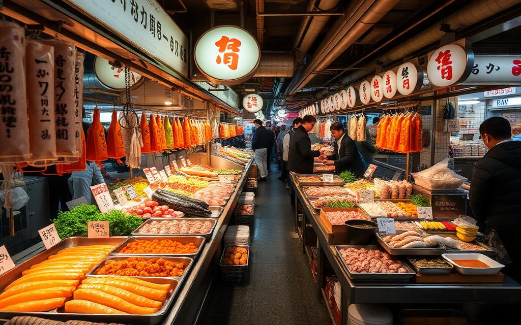 Tsukiji külső piac ételstandjai Tokióban