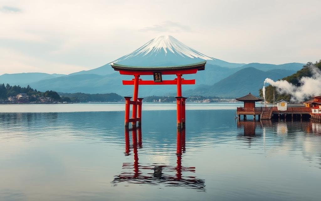 Ashi-tó piros torii kapuja és a Fuji Hakonéban