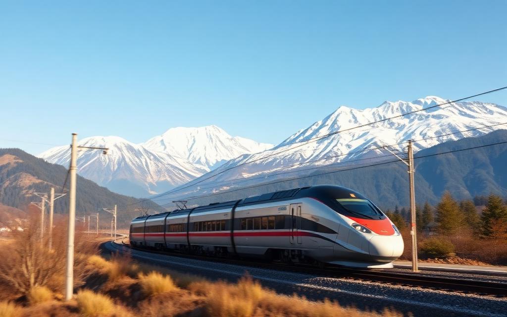 Shinkansen a Japán-Alpok hófödte hegyei előtt