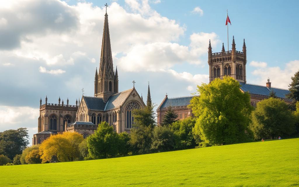Salisbury katedrális gótikus tornya és a Cathedral Green