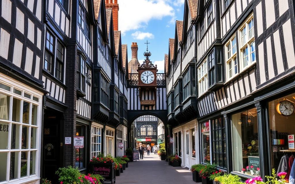 Chester Tudor stílusú utcája az Eastgate Clockkal